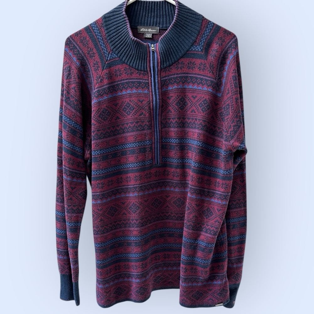 Men’s Eddie Bauer Fair Isle Half Zip Navy Maroon Sweater, Size Extra Large Y2K. - Picture 11 of 11